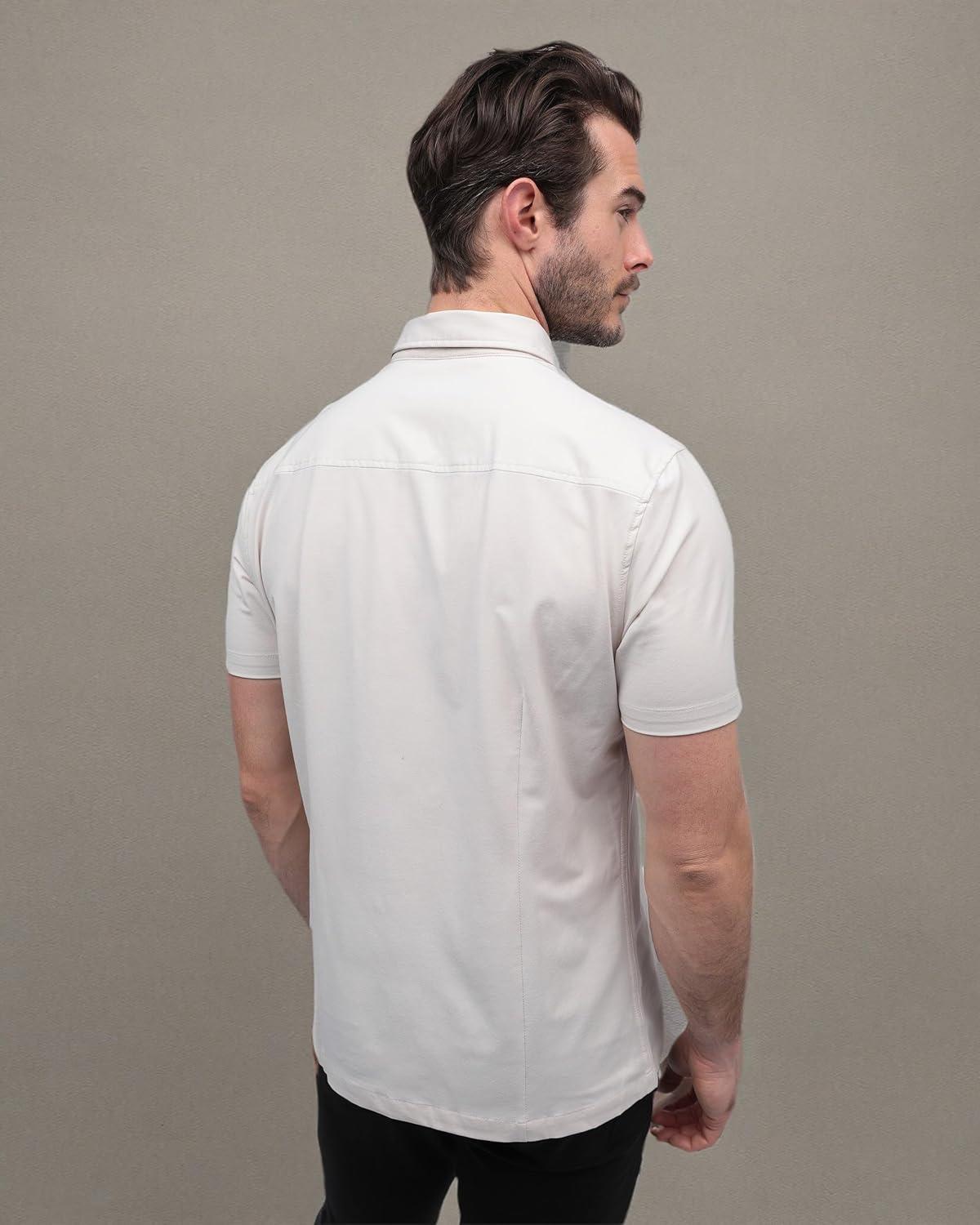 imageINTO THE AM Short Sleeve Button Down Shirts for Men S 4XL Slim Fit Stretch Mens Button Up Shirt Business Casual Dress ShirtSingle Nonbranded Beige