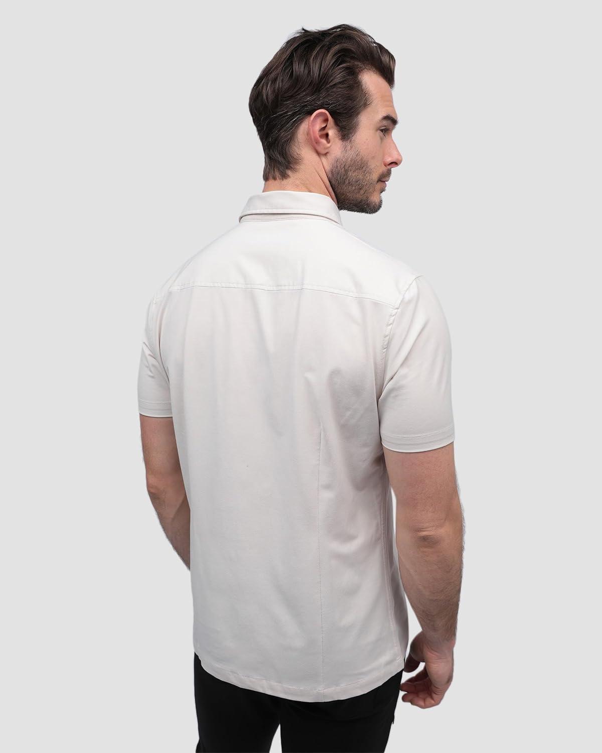 imageINTO THE AM Short Sleeve Button Down Shirts for Men S 4XL Slim Fit Stretch Mens Button Up Shirt Business Casual Dress ShirtSingle Nonbranded Beige