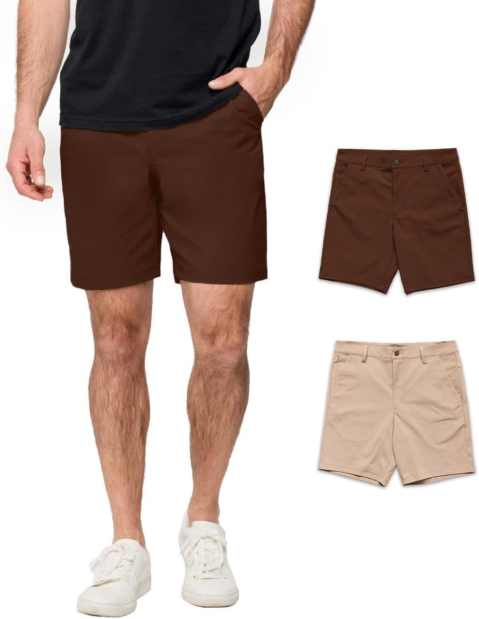 image:imageMens Shorts Stretch Chino Golf Casual Dress Flat Front 7 amp 9 Inch Lightweight 4way stretch chino shorts multipacks quick dry flat front polish for golf office amp weekendsBrownKhaki