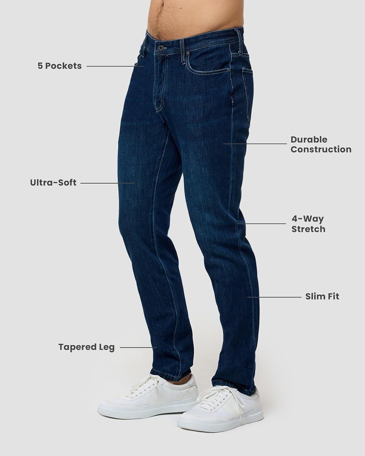 image:imageMens Jeans Stretch Denim Slim Fit Tapered Leg Ultra Soft ComfortDark Indigo