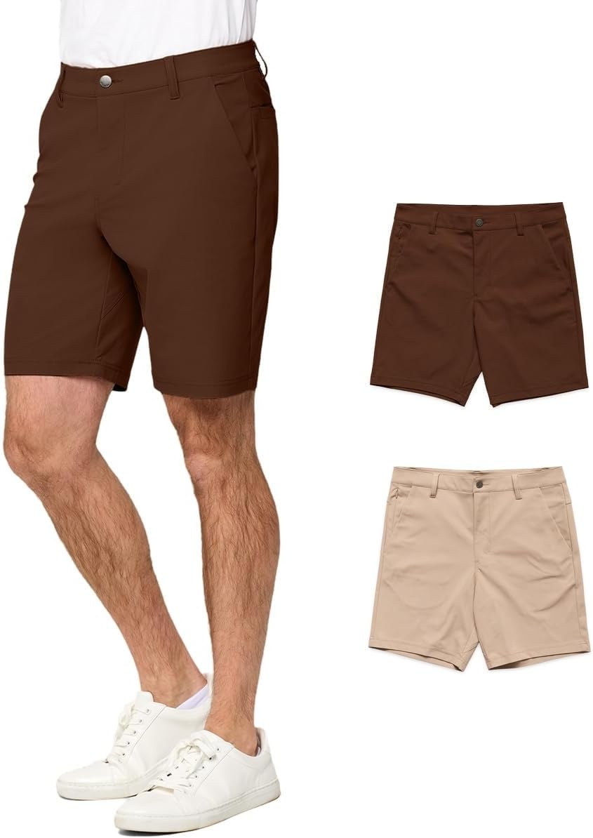 image:imageMens Shorts Stretch Chino Golf Casual Dress Flat Front 7 amp 9 InchBrownKhaki