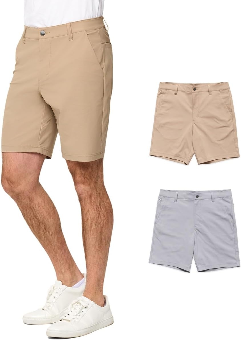 image:imageMens Shorts Stretch Chino Golf Casual Dress Flat Front 7 amp 9 InchKhakiLight Grey