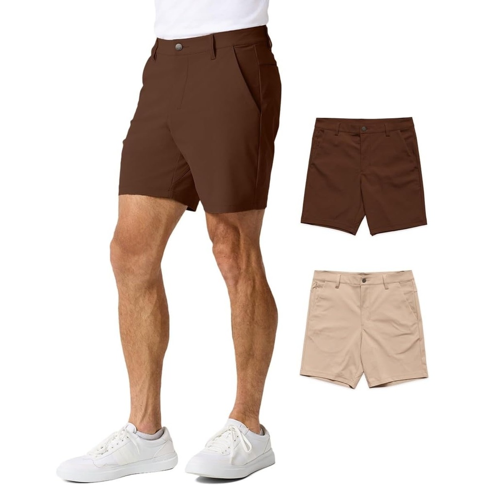 image:imageMens Shorts Stretch Chino Golf Casual Dress Flat Front 7 amp 9 InchBrownKhaki