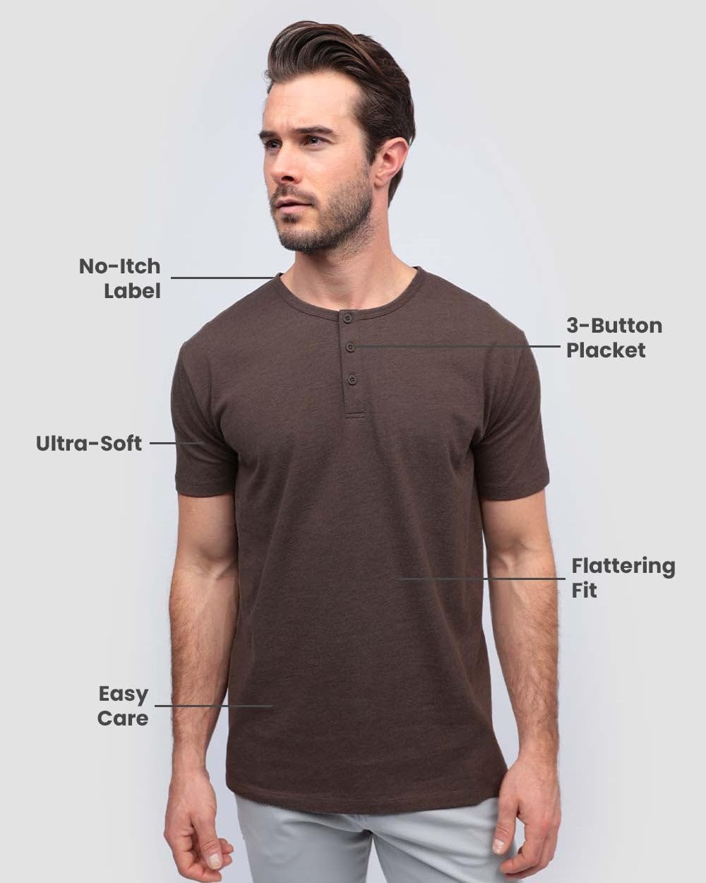 image:imageHenley Shirts for Men Short Sleeve Casual Fitted 3 Button Crew S4XLBrown Nologo