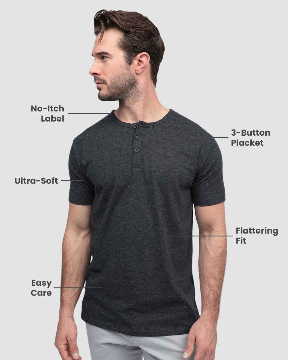 image:imageHenley Shirts for Men Short Sleeve Casual Fitted 3 Button Crew S4XLCharcoal Nologo