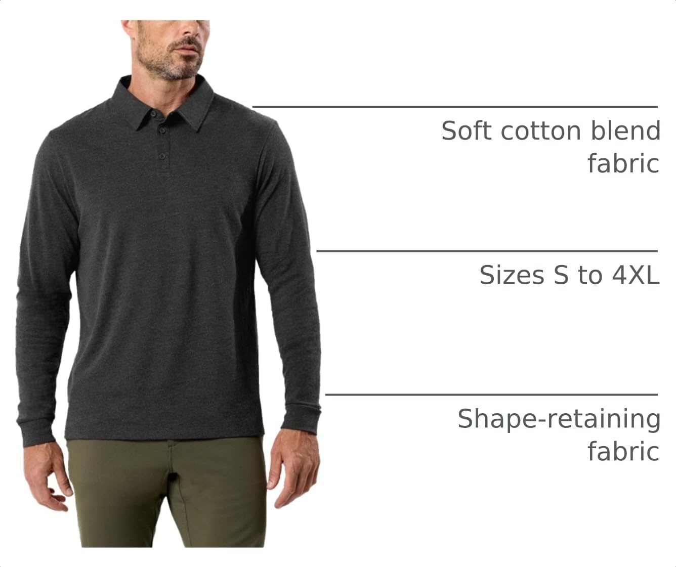 image:imageLong Sleeve Polo Shirts for Men Slim Fit Collared Soft Cotton S4XLNonbranded Charcoal