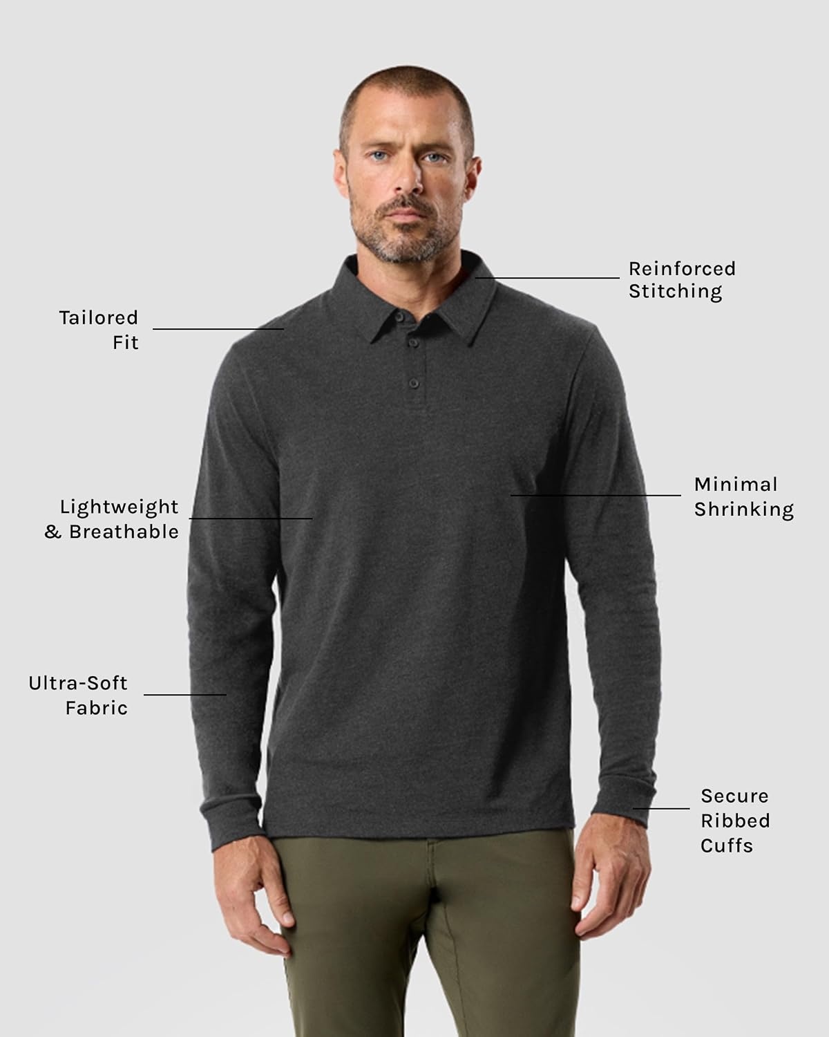image:imageLong Sleeve Polo Shirts for Men Slim Fit Collared Soft Cotton S4XLNonbranded Charcoal