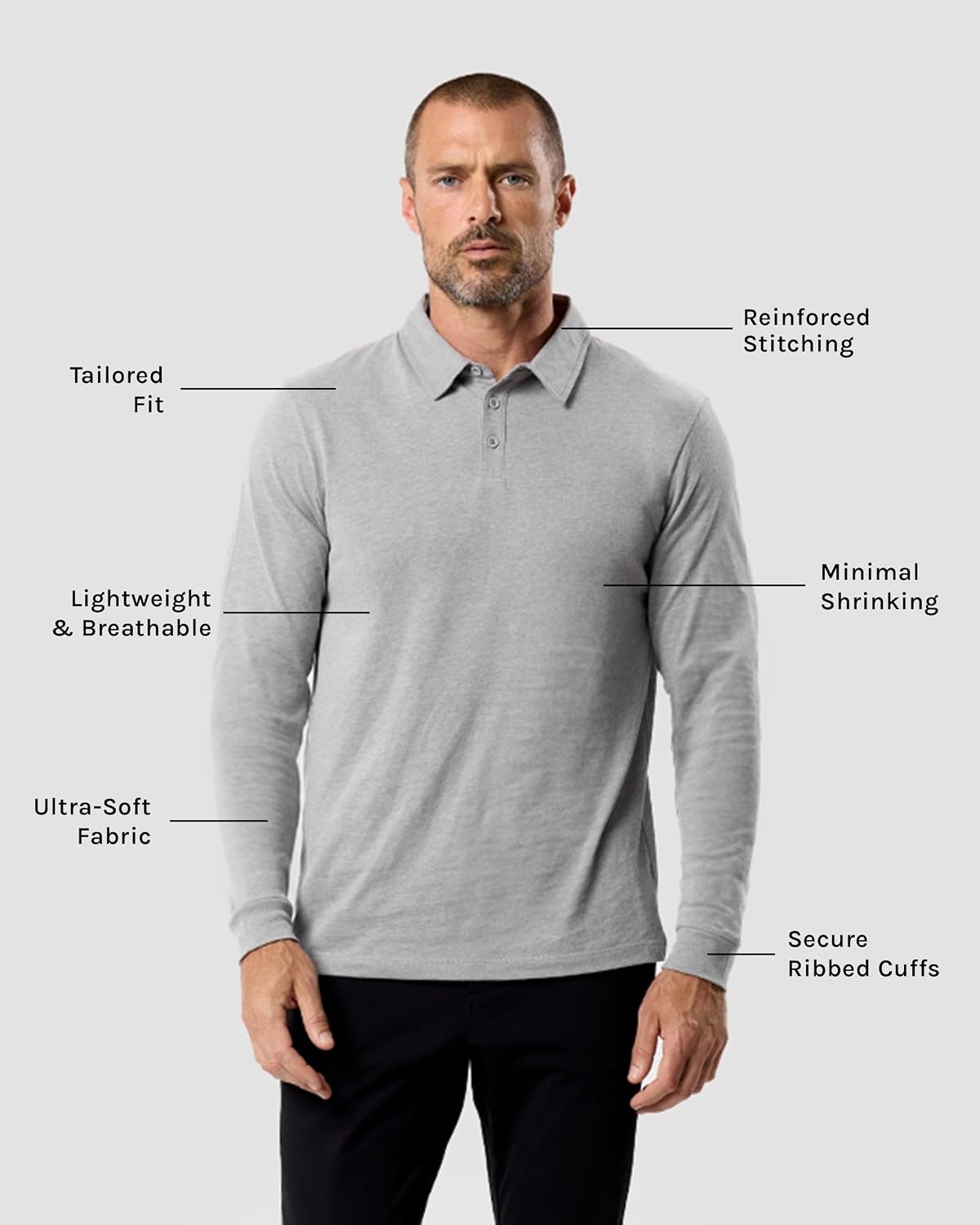 image:imageLong Sleeve Polo Shirts for Men Slim Fit Collared Soft Cotton S4XLNonbranded Grey