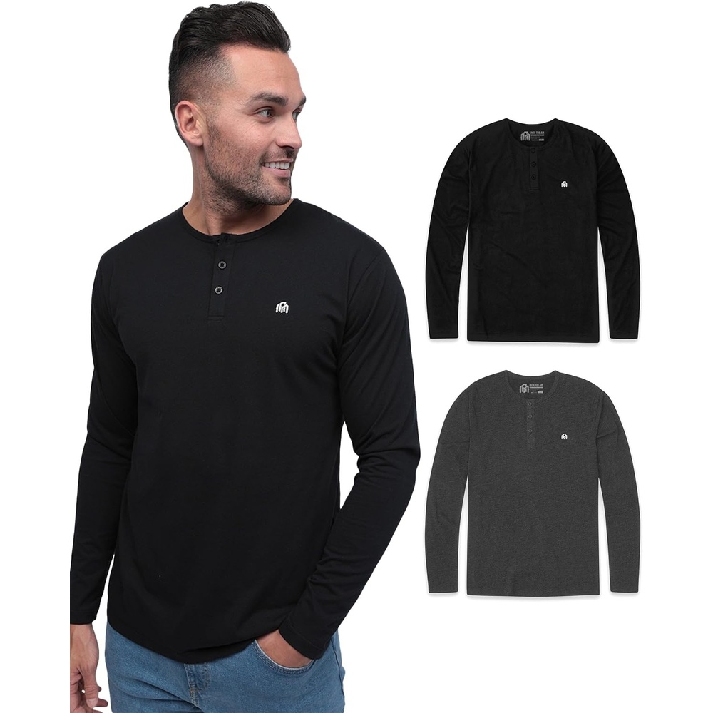 image:imageHenley Shirts for Men Long Sleeve Casual 3 Button Soft Cotton S4XL2 Pack BlackCharcoal Logo
