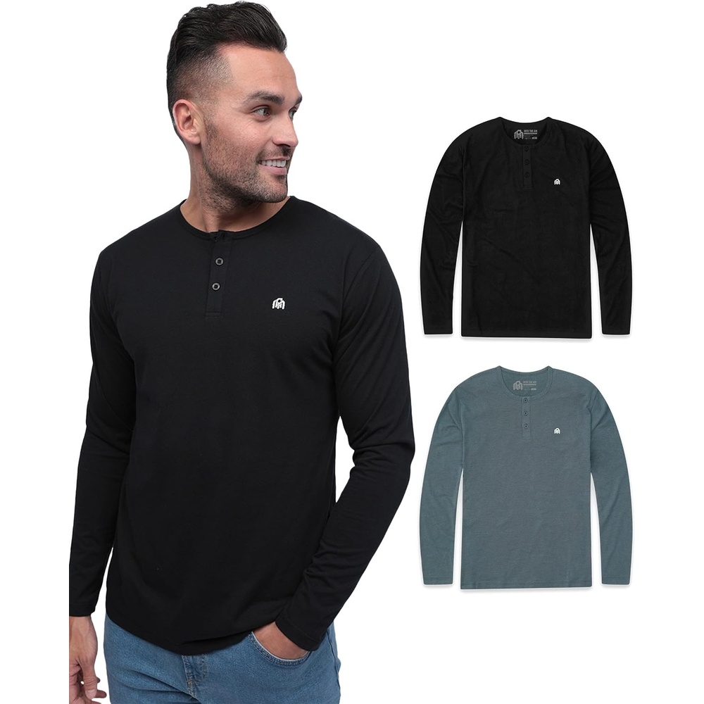 image:imageHenley Shirts for Men Long Sleeve Casual 3 Button Soft Cotton S4XL2 Pack BlackIndigo Logo