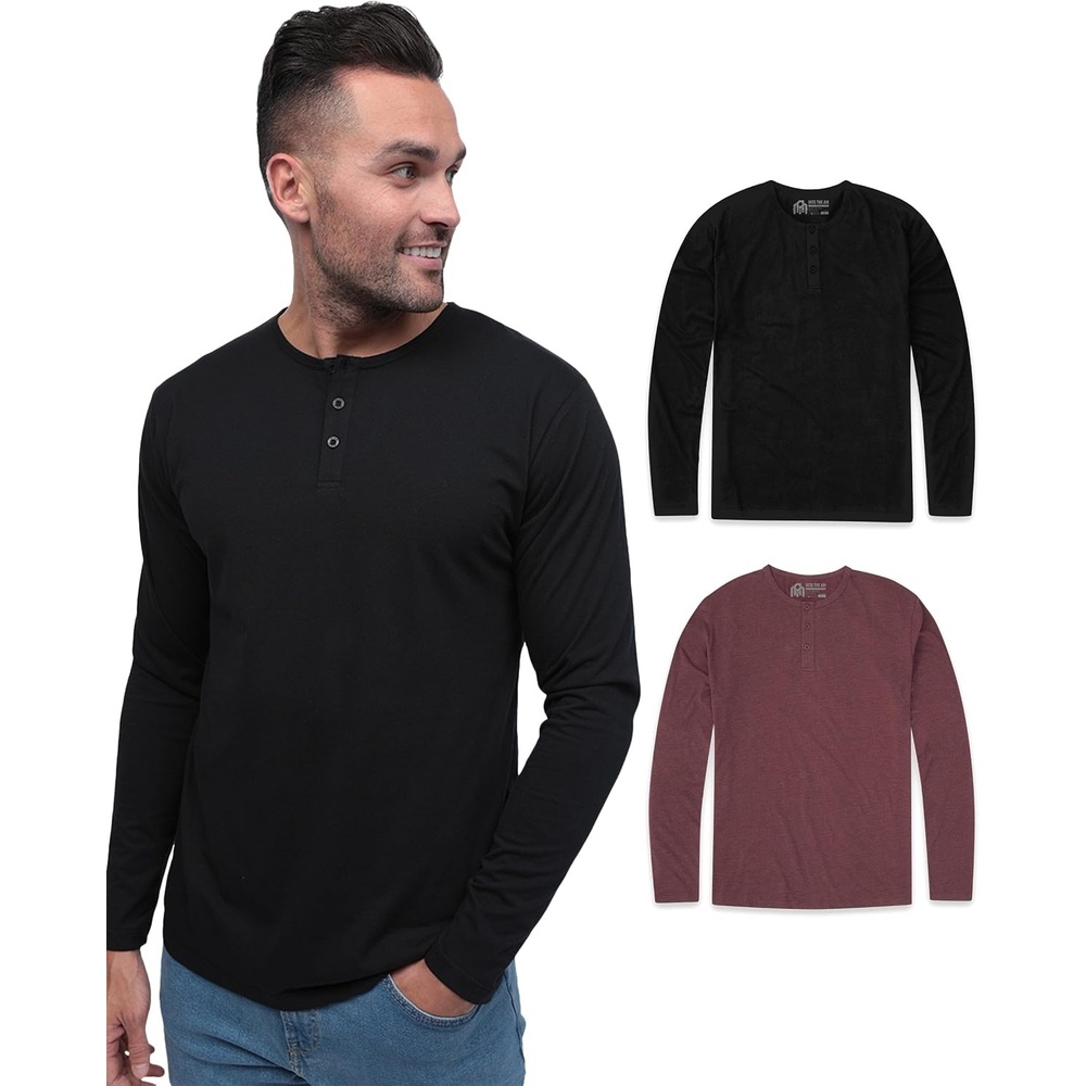 image:imageHenley Shirts for Men Long Sleeve Casual 3 Button Soft Cotton S4XL2 Pack BlackMaroon Nologo