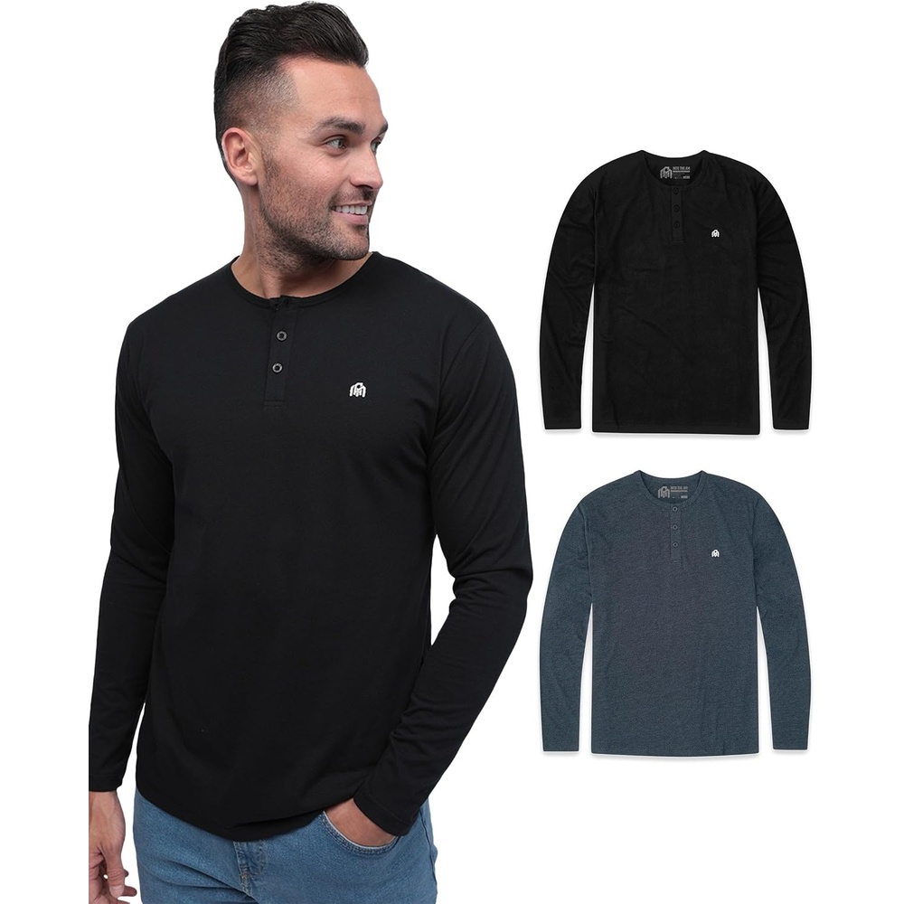 image:imageHenley Shirts for Men Long Sleeve Casual 3 Button Soft Cotton S4XL2 Pack BlackNavy Logo