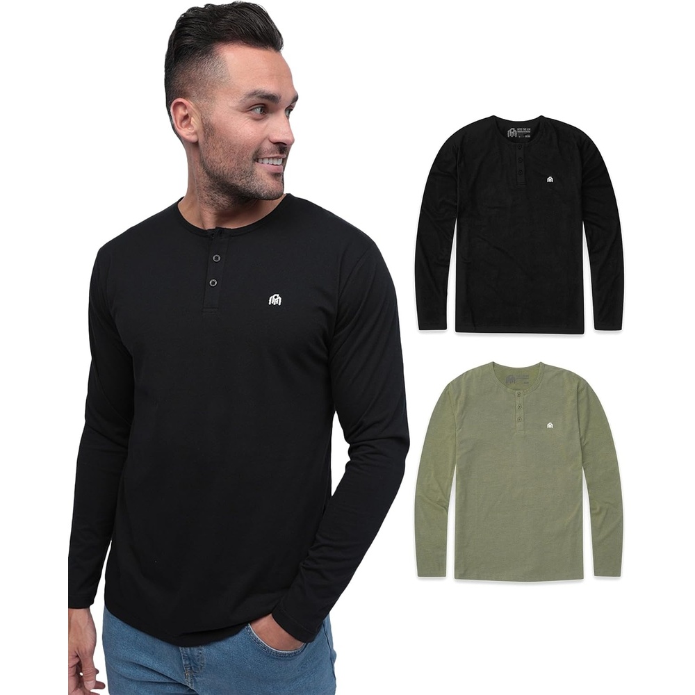 image:imageHenley Shirts for Men Long Sleeve Casual 3 Button Soft Cotton S4XL2 Pack BlackOlive Green Logo