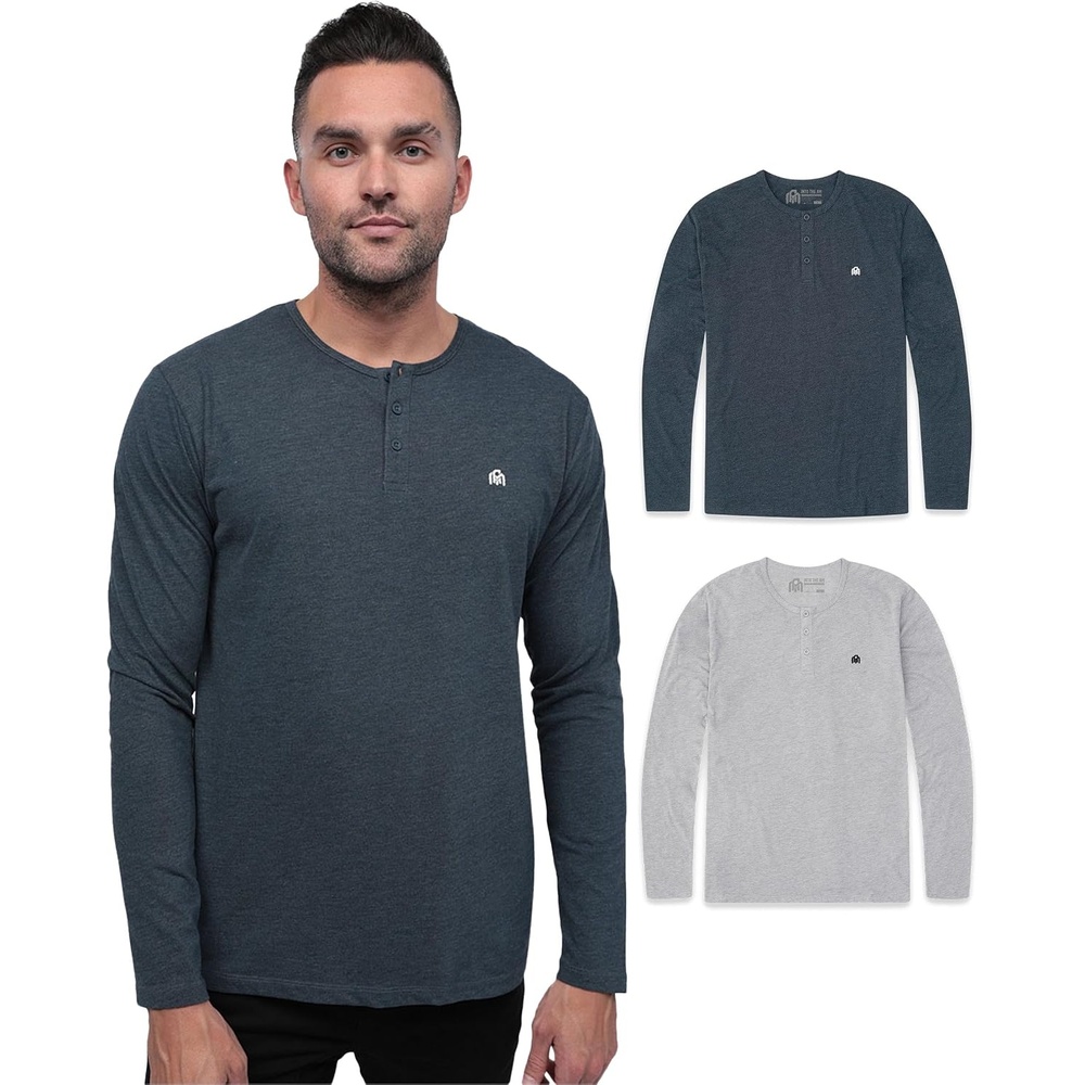 image:imageHenley Shirts for Men Long Sleeve Casual 3 Button Soft Cotton S4XL2 Pack NavyGrey Logo