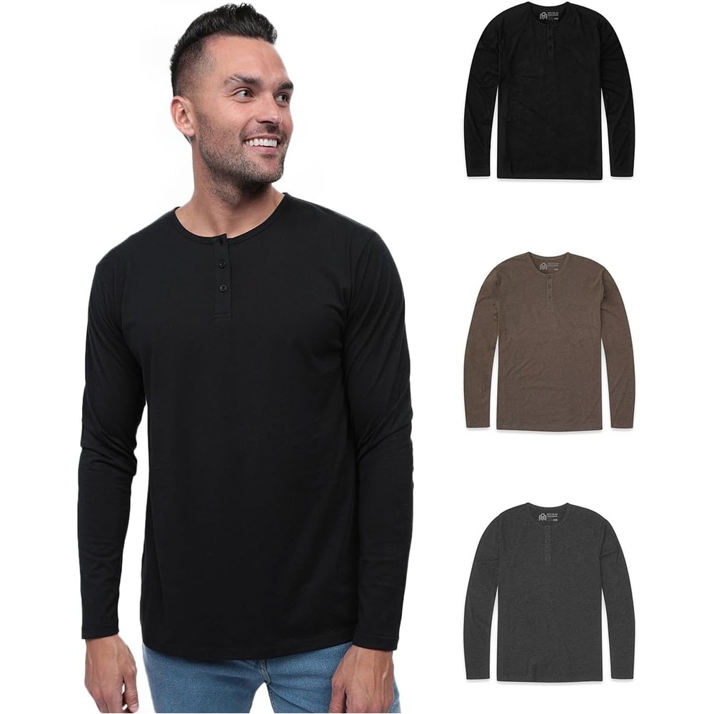 image:imageHenley Shirts for Men Long Sleeve Casual 3 Button Soft Cotton S4XL3 Pack BlackBrownCharcoal Nologo