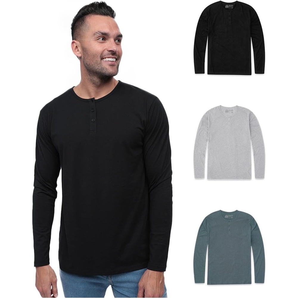 image:imageHenley Shirts for Men Long Sleeve Casual 3 Button Soft Cotton S4XL3 Pack  BlackGreyIndigo  Nologo
