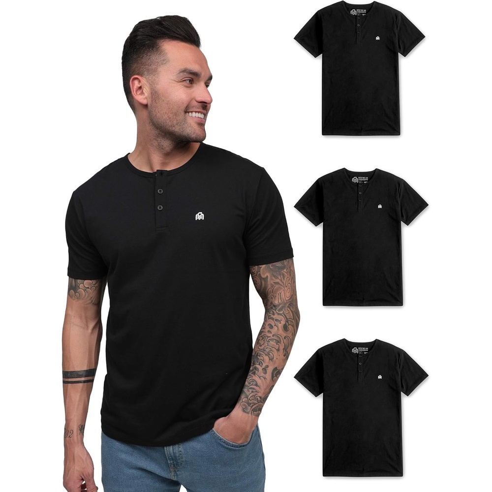 image:imageHenley Shirts for Men Short Sleeve Casual Fitted 3 Button Crew S4XLBlackBlackBlack Logo
