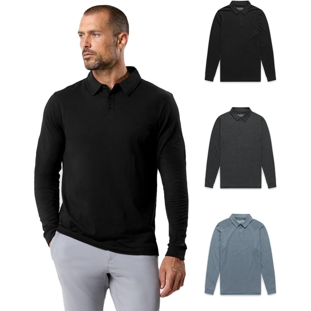 image:imageLong Sleeve Polo Shirts for Men Slim Fit Collared Soft Cotton S4XLPack of 3 Nonbranded BlackCharcoalIndigo