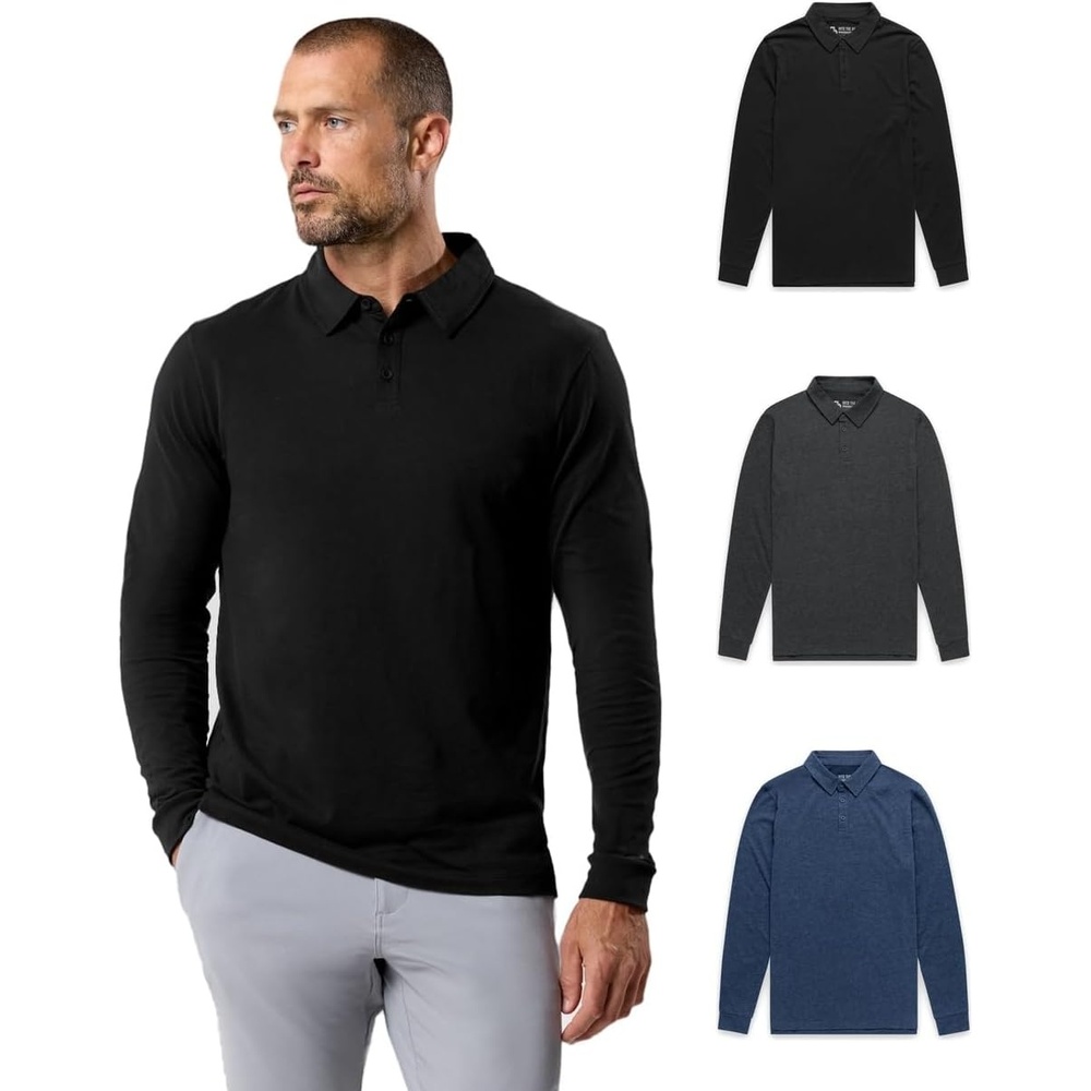 image:imageLong Sleeve Polo Shirts for Men Slim Fit Collared Soft Cotton S4XLPack of 3 Nonbranded BlackCharcoalNavy