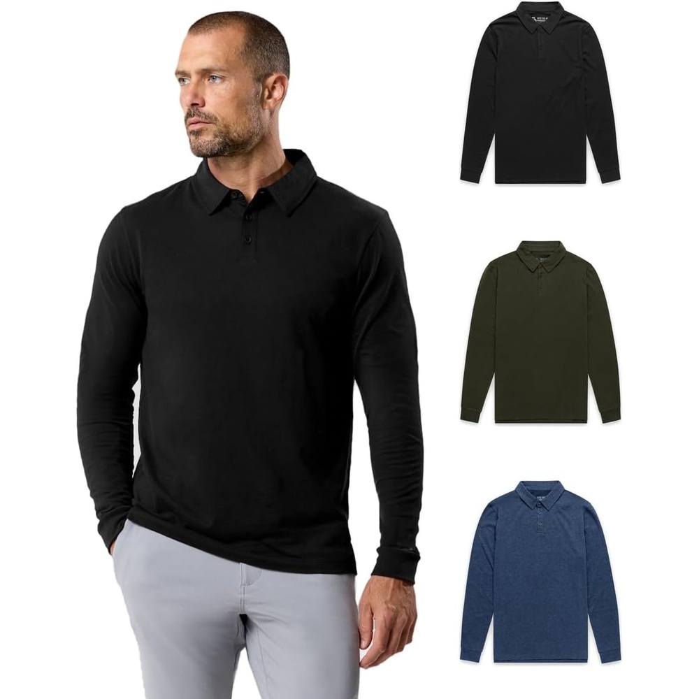image:imageLong Sleeve Polo Shirts for Men Slim Fit Collared Soft Cotton S4XLPack of 3 Nonbranded BlackMidnight OliveNavy