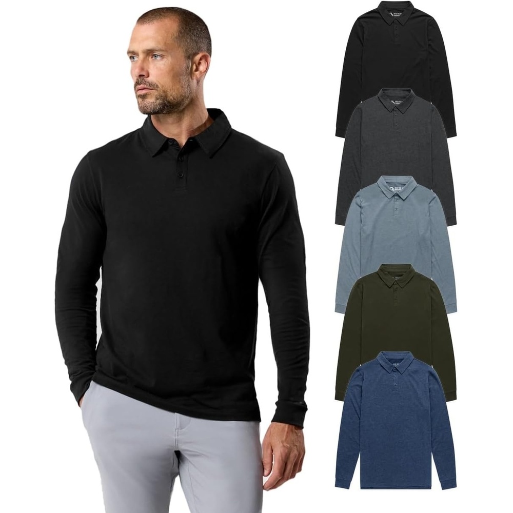 image:imageLong Sleeve Polo Shirts for Men Slim Fit Collared Soft Cotton S4XLPack of 5 Nonbranded BlackCharcoalIndigoMidnight OliveNavy