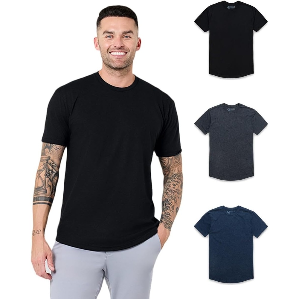 image:imageMens Curved Hem T Shirts Drop Cut Modern Fit Soft Cotton Casual S4XL3pack BlackCharcoalNavy