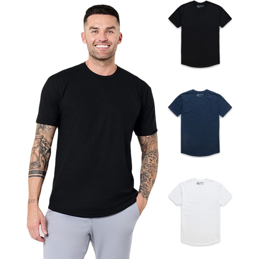 image:imageMens Curved Hem T Shirts Drop Cut Modern Fit Soft Cotton Casual S4XL3pack BlackNavyWhite