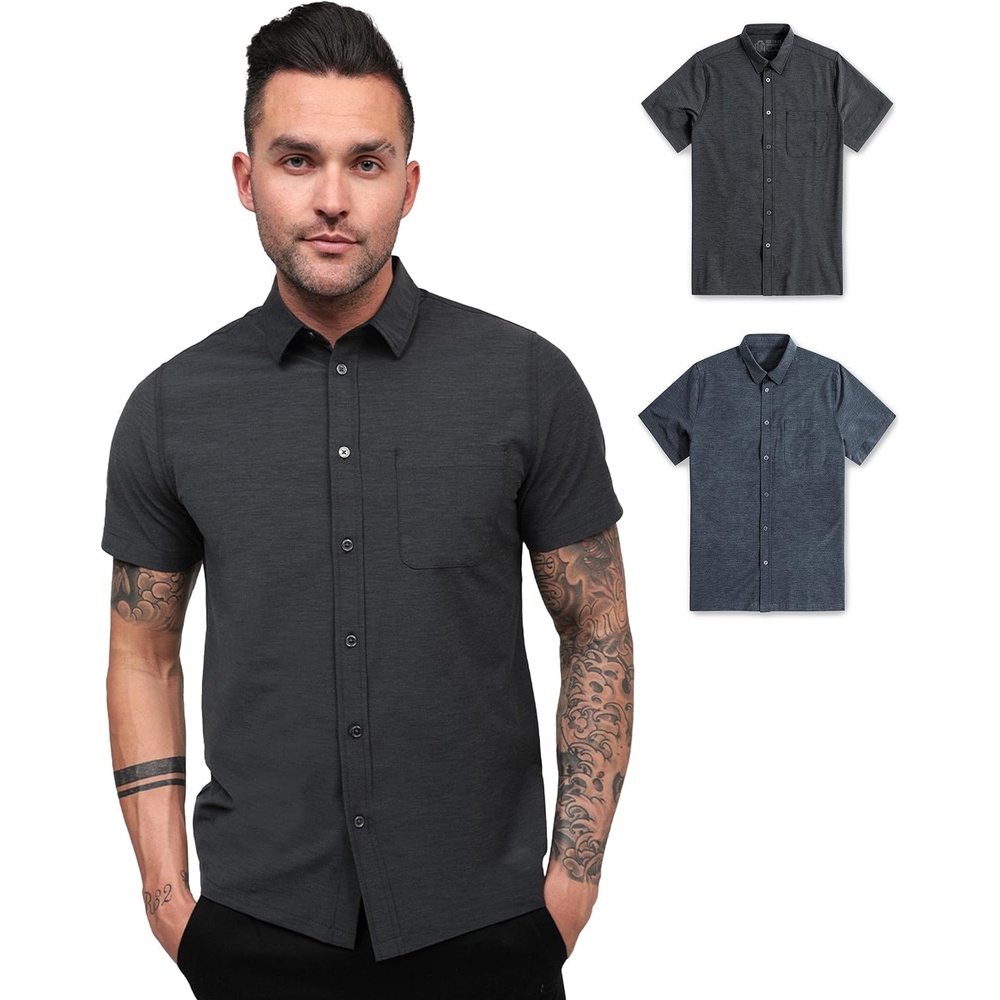 image:imageShort Sleeve Button Down Shirts for Men Slim Fit Stretch Casual S4XLPack of 2 Nonbranded Black HeatherNavy
