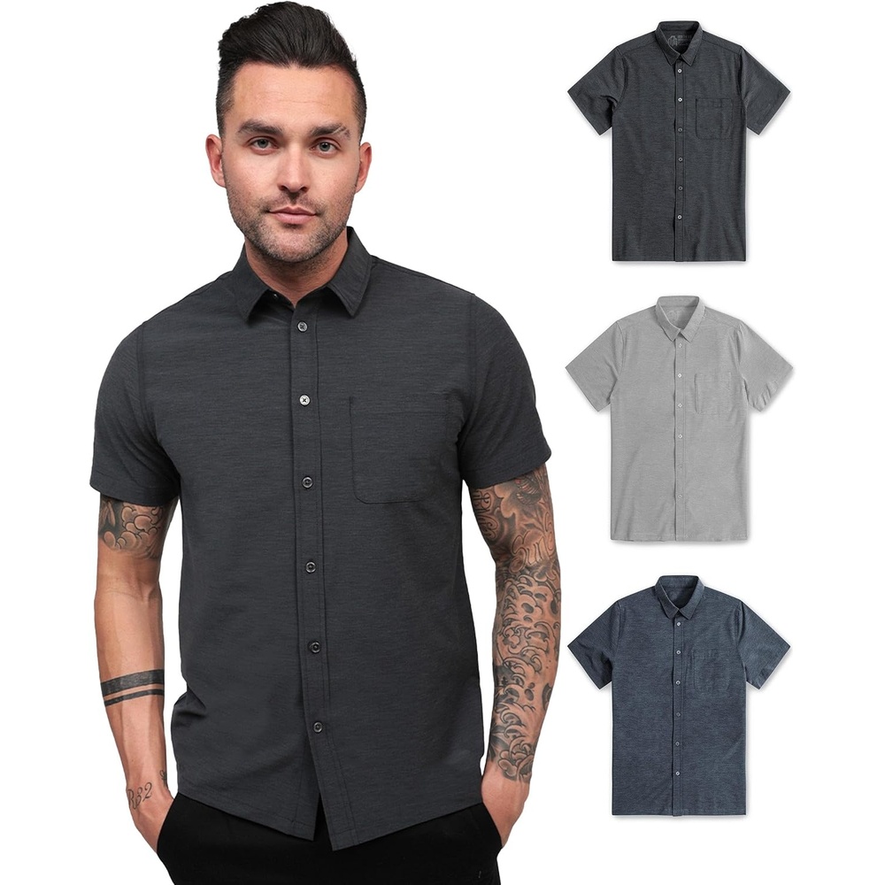 image:imageShort Sleeve Button Down Shirts for Men Slim Fit Stretch Casual S4XLPack of 3 Nonbranded Black HeatherGreyNavy