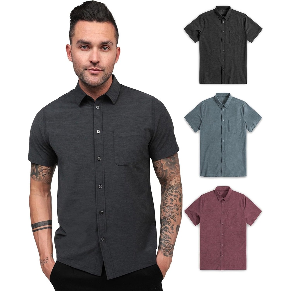 image:imageShort Sleeve Button Down Shirts for Men Slim Fit Stretch Casual S4XLPack of 3 Nonbranded Black HeatherIndigoMaroon