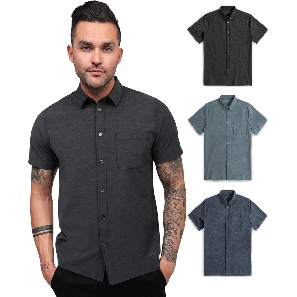 image:imageShort Sleeve Button Down Shirts for Men Slim Fit Stretch Casual S4XLPack of 3 Nonbranded Black HeatherIndigoNavy