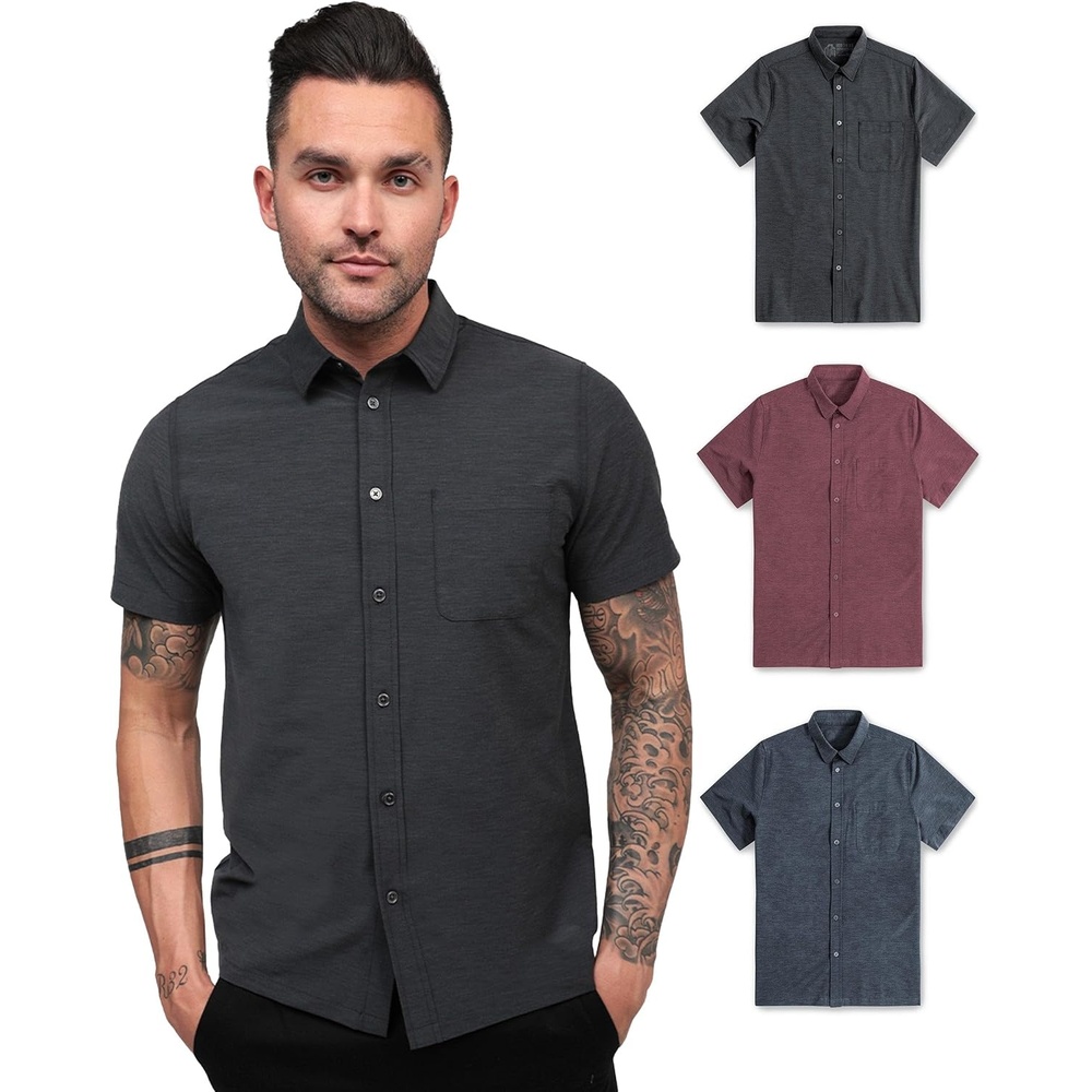 image:imageShort Sleeve Button Down Shirts for Men Slim Fit Stretch Casual S4XLPack of 3 Nonbranded Black HeatherMaroonNavy