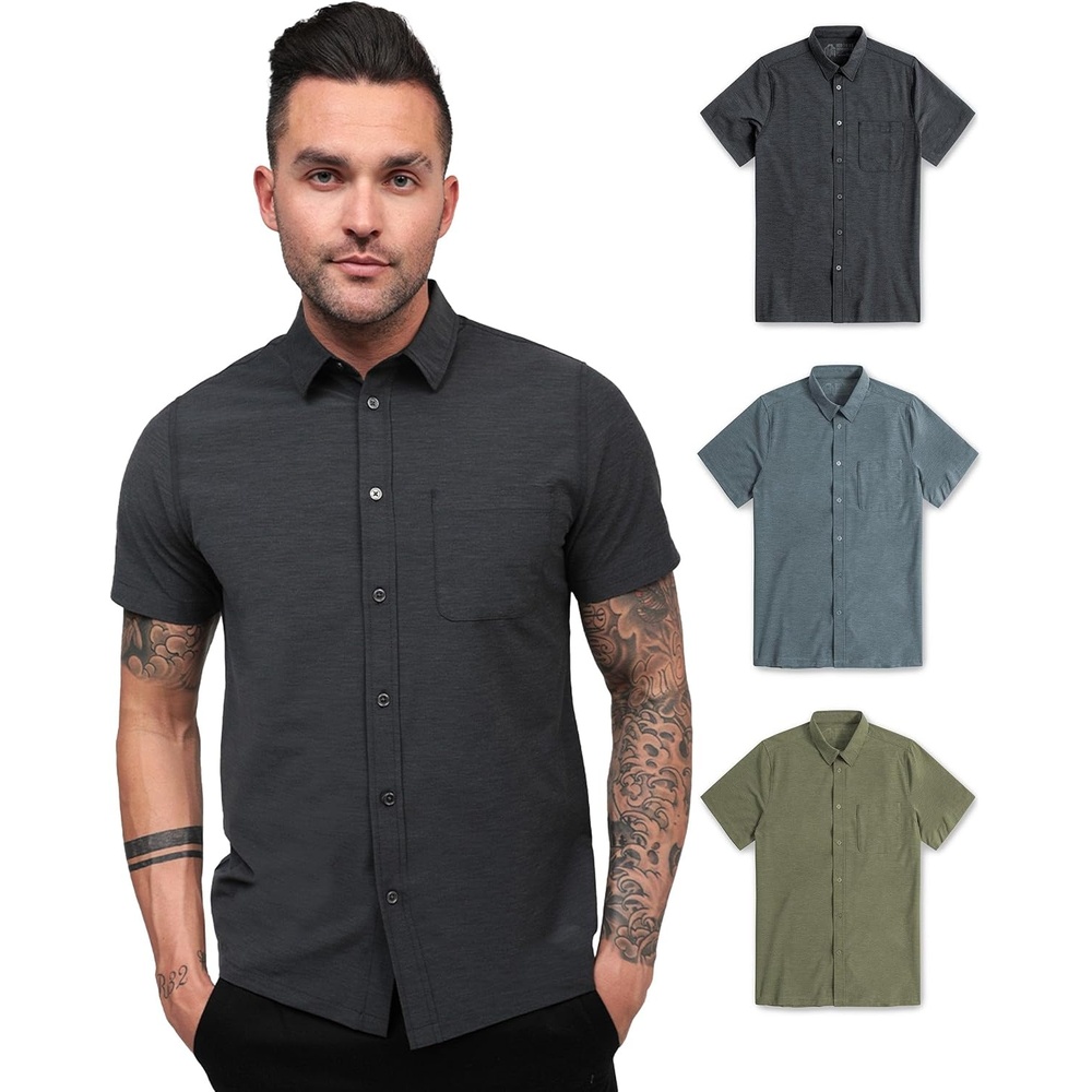 image:imageShort Sleeve Button Down Shirts for Men Slim Fit Stretch Casual S4XLPack of 3 Nonbranded BlackIndigoOlive Green