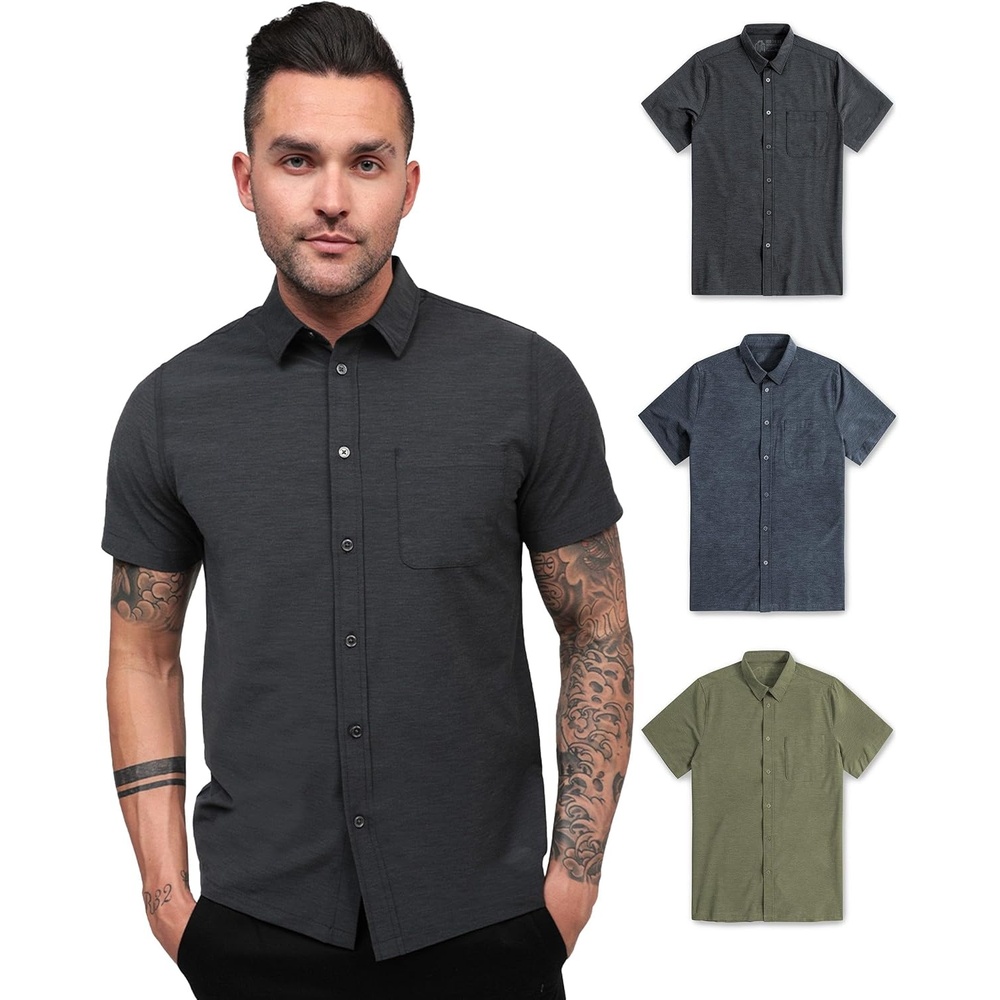 image:imageShort Sleeve Button Down Shirts for Men Slim Fit Stretch Casual S4XLPack of 3 Nonbranded BlackNavyOlive Green