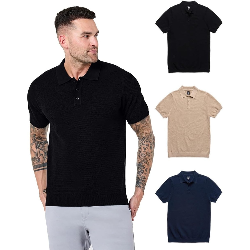 image:imageVista Sweater Polo for Men Short Sleeve Knit Polo Shirt Textured S4XL3pack BlackCreamNavy