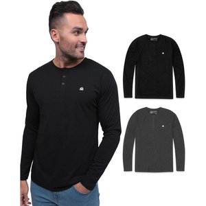 Henley Shirts for Men Long Sleeve Casual 3 Button Soft Cotton S-4XL(2 Pack – Black/Charcoal – Logo)