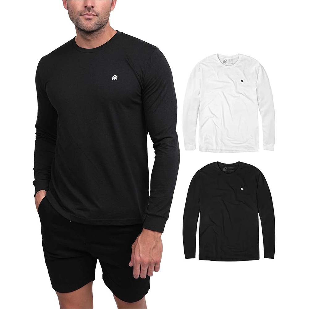 image:imageLong Sleeve Shirts for Men Soft Cotton Crew Neck Casual Tees S3XL2pack Branded Black and White