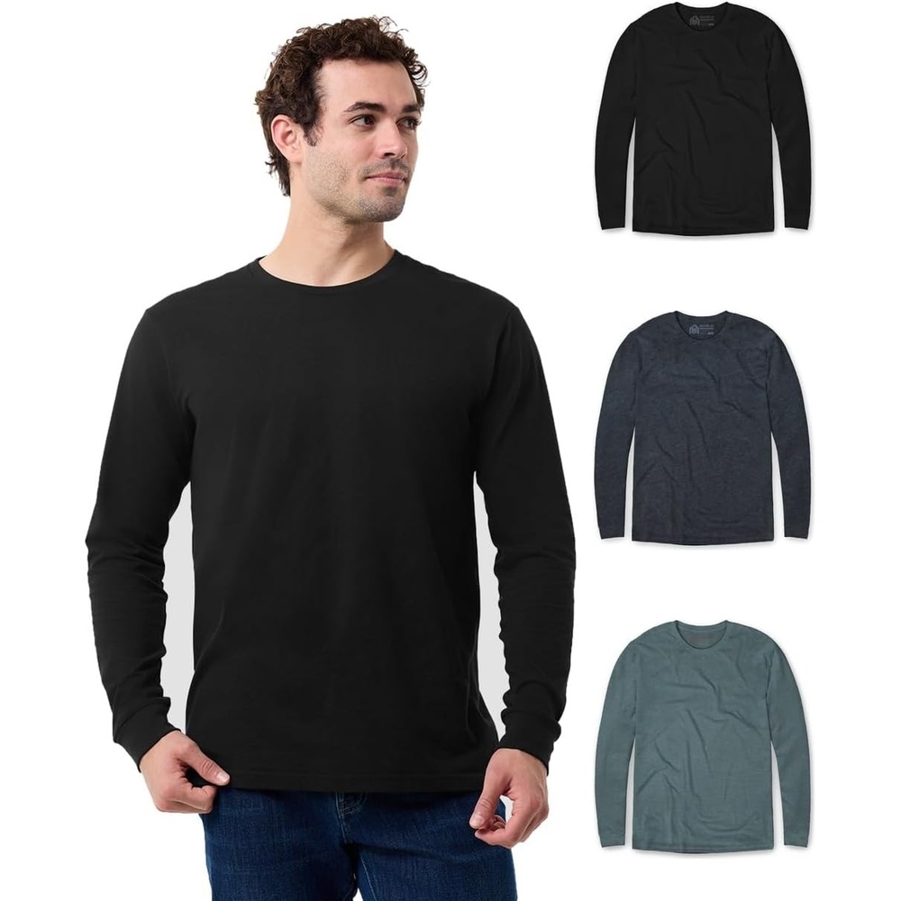 image:imageLong Sleeve Shirts for Men Soft Cotton Crew Neck Casual Tees S3XL3pack BlackCharcoalIndigo